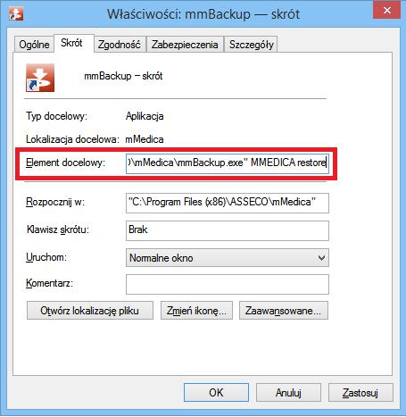 Zalecane jest wpisywanie nazwy bazy dużymi literami. W przypadku instalacji jednej bazy na stanowisku pracy, nazwą bazy będzie MMEDICA. Przykład: "C:\Pliki programów (x86)\asseco\mmedica\mmbackup.