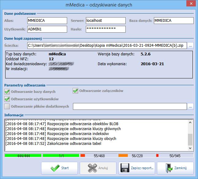 Odtworzenie kopii zapasowej mmedica zostać zaczytany plik. Użytkownik - w polu domyślnie podpowiadany jest użytkownik predefiniowany ADMIN1. Hasło - należy podać hasło dla użytkownika ADMIN1.