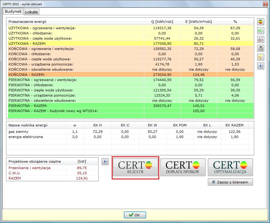 Moduł CERTO REJESTR uruchamia się na ekranie z wynikami obliczeń (przycisk fx): w celu wyeksportowania do