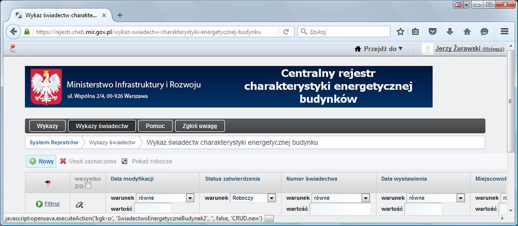 przeglądarce internetowej Centralny rejestr i przejść do wykazu świadectw budynku lub jego