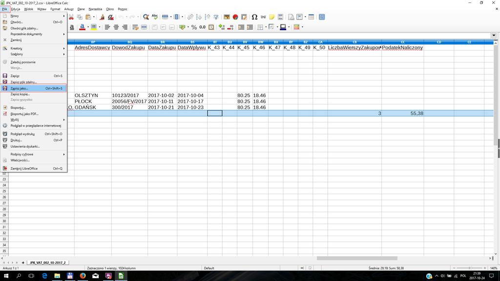JPK_VAT przygotowanie danych Przygotowanie pliku CSV w arkuszu kalkulacyjnym Utworzony dokument zapisujemy w