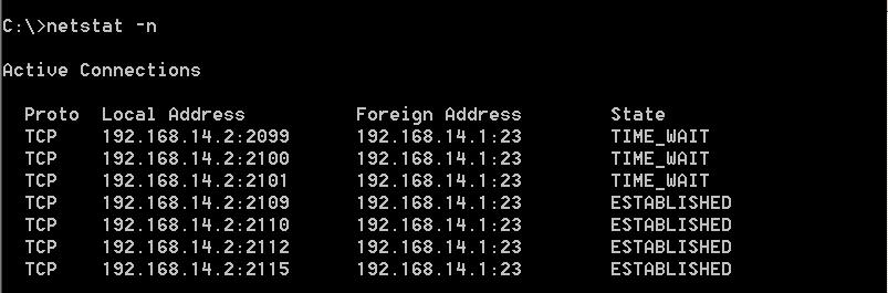 d. Jakie są numery portów poszczególnych sesji? e. Dlaczego wszystkie te sesje mogą korzystać z portu 23 (pod nagłówkiem Foreign Address Obcy adres)? f.