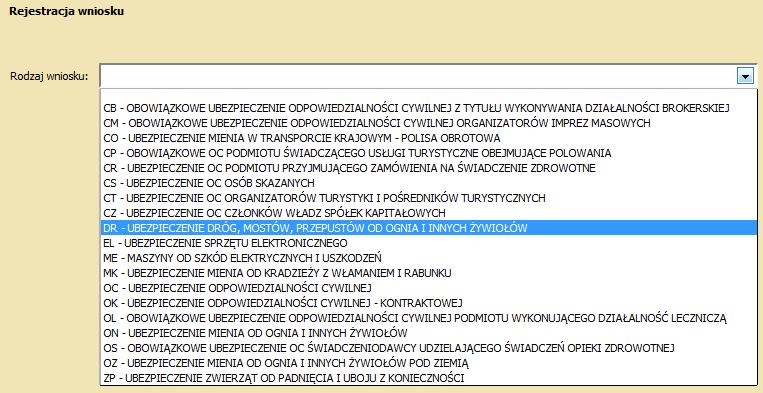 REJESTROWANIE WNIOSKU Po wybraniu przycisku REJESTRUJ na ekranie powinno pojawić się białe pole z listą rozwijaną, a której należy wybrać rodzaj