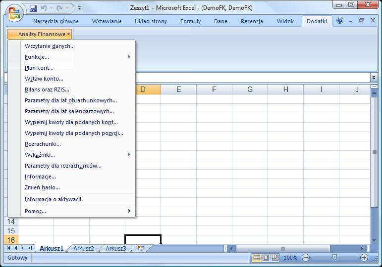 1-4 Okno MS Excel z włączonymi Dodatkami i widocznym menu Analiz Finansowych Jeśli uruchomiony dodatek Analizy Finansowe