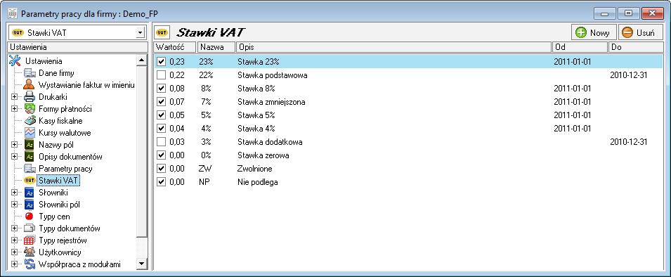 Rys. 60 Ustawienia stawek VAT. Odznaczenie znacznika aktywności spowoduje, że stawka taka nie będzie się pojawiać na listach. Wartość i nazwa stawki VAT muszą być unikalne.