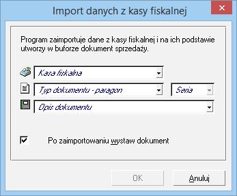 Rys. 71 Okno Import danych z kasy fiskalnej. Zaleca się generowanie dokumentu raz dziennie tuż przed wykonaniem raportu dobowego.