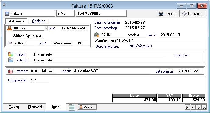 Rys. 76 Widok strony Inne. 6.5.3 Okno dokumentu sprzedaży detalicznej Występowanie okna sprzedaży detalicznej w programie Handel uzależnione jest od rodzaju wprowadzonej licencji.