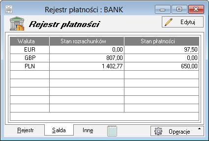 7.2.1.2 Zakładka Salda Prezentuje stany płatności i rozrachunków z podziałem na waluty. Każdy wiersz odpowiada za salda w innej walucie.
