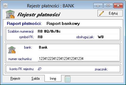 7.2.1.3 Zakładka Inne Po wybraniu zakładki Inne można zdefiniować parametry raportu płatności dla rejestru oraz (w przypadku rachunku typu bankowego) dane rachunku bankowego. Rys.