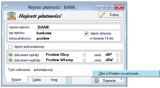 Zlecanie przelewu z poziomu okna rejestru Program umożliwia zlecenie przelewu dla rejestru pieniężnego. Rejestr, z poziomu którego wykonujemy operację, pełni rolę odbiorcy przelewu.