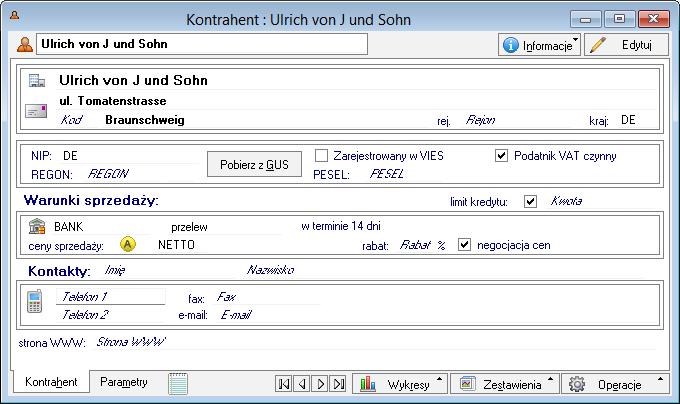4.3.1.8 Podstawowe dane o kontrahencie Rys. 15 Okno danych kontrahenta. Podstawowe dane kontrahenta dostępne są na zakładce Kontrahent w oknie kontrahenta.