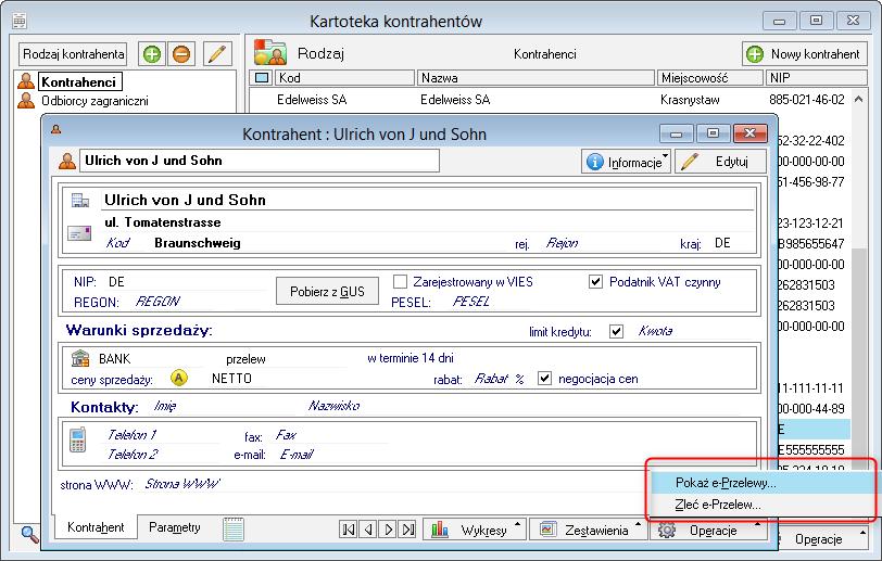 Rys. 19 Okno kontrahenta - operacje związane z e-przelewami. 4.3.1.12 Zestawienia dostępne w oknie kontrahenta Na zestawieniach, które umożliwiają wyliczanie zysku, w kolumnie przychód wartości przeliczone są po kursie CIT/PIT.