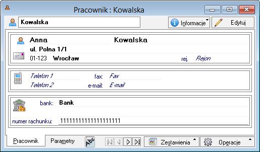 zgrupowane w określonym rejestrze płatności. Z okna zestawienia można przejść do okna pracownika, można też wywołać zestawienie Rozrachunki pracownika.