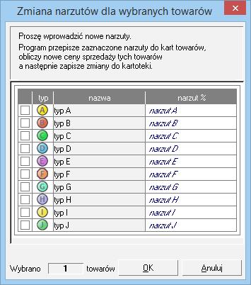 W oknie Zmiana ceny bazowej dla wybranych towarów zmienia się cenę bazową dla grupy wcześniej zaznaczonych pozycji towarowych kartoteki towarów.