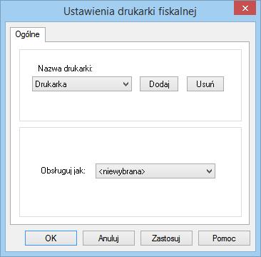 5.4.5.1 Zakładka Ogólne - wybór typu drukarki fiskalnej Aby praca z programem przebiegała prawidłowo, należy ustalić typ drukarki przyłączonej do komputera, a następnie zdefiniować ją w oknie