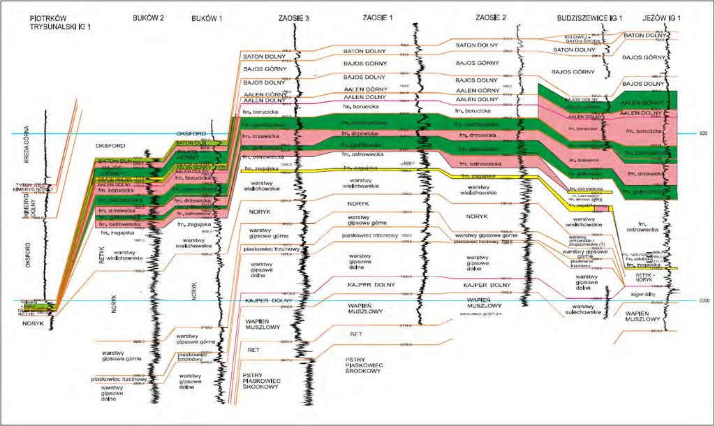 Well correlations (lithology after well logging and cores)