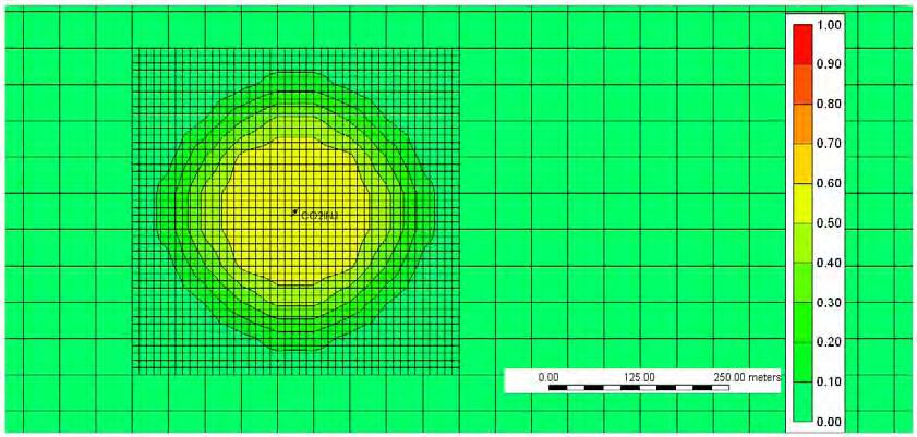 Transport in liquid phase, by trucks. Left injection simulations (the plume just after injection finished, i.e. 2.