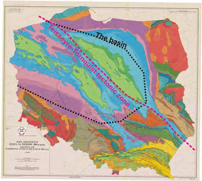 THE POLISH BASIN Saline aquifers of the Polish part of the Permian- Mezozoic basin (outlined), such as: Lower Jurassic (deep blue), Triassic (purple) and to a lesser extent, Lower Cretaceous