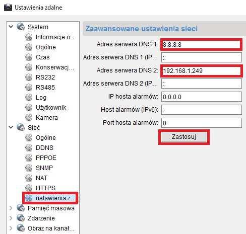 Po naciśnięciu przycisku Zastosuj należy przełączyć się do podmenu Ustawienia zaawansowane i ustawić następujące parametry: Adres serwera DNS 1 (preferowany adres serwera DNS) - adres serwera DNS