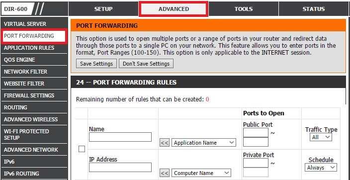 Do przekierowania portów należy użyć poniższego schematu: Name własna nazwa portu, niepowtarzalna na liście, Public port port publiczny numer portu zewnętrznego używanego do łączenia zdalnego -