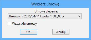 Ponieważ pracownik może mieć przygotowywanych jednocześnie wiele umów zlecenia, należy w oknie Wybierz umowę, po rozwinięciu listy wybrać tą umowę, która ma być drukowana. Rys.