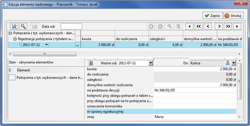 Podręcznik użytkownika Sage Symfonia Kadry i Płace 156 logu Rozliczenia/Rozliczenie potrąceń od netto/potrącenie z tytułem wykonawczym wybieramy zdarzenie Rejestracja potrącenia z tytułem wykonawczym.