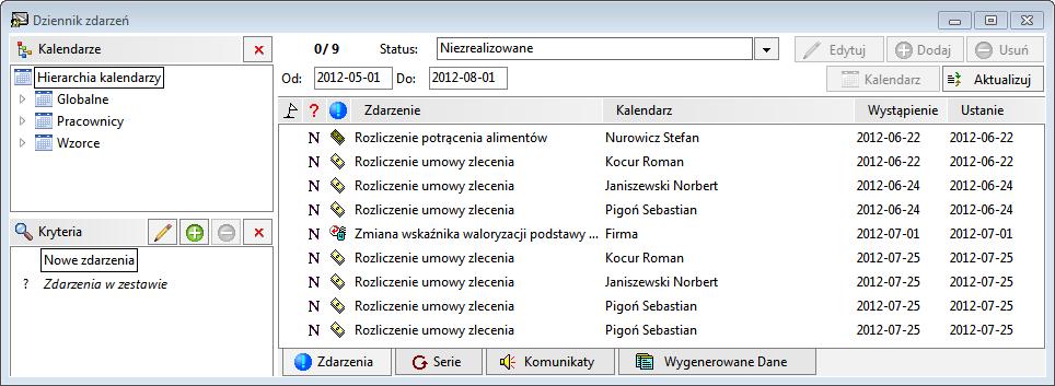 Dziennik zdarzeń W programie Kadry i Płace edycja zdarzeń możliwa jest w dwóch miejscach: w kalendarzu pracownika po wybraniu z menu podręcznego polecenia Dziennik zdarzeń pracownika oraz w Dzienniku