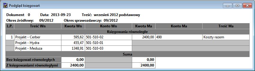 Podręcznik użytkownika Sage Symfonia Kadry i Płace 227 Efekt utworzonego księgowania można podejrzeć po kliknięciu przycisku. Rys. 272 Okno Podgląd księgowań księgowanie na projekty.