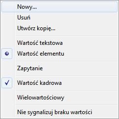 Podręcznik użytkownika Sage Symfonia Kadry i Płace 237 Rodzaj parametru ustawia się w menu podręcznym danego parametru w polach wyboru Wartość tekstowa lub Wartość elementu.