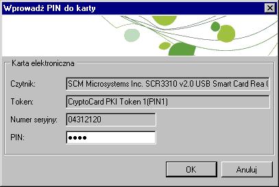 W oknie Wprowadź PIN do karty dla bezpieczeństwa autoryzuje się dostęp do tokenu numerem kodu PIN.