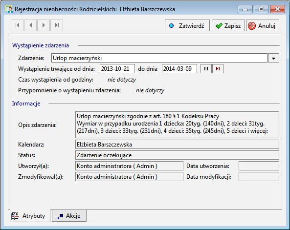 Podręcznik użytkownika Sage Symfonia Kadry i Płace 58 Urlop w pełnym wymiarze Zgłoszenie wniosku o urlop w pełnym wymiarze czyli rocznego urlopu obejmującego urlop macierzyński, dodatkowy urlop