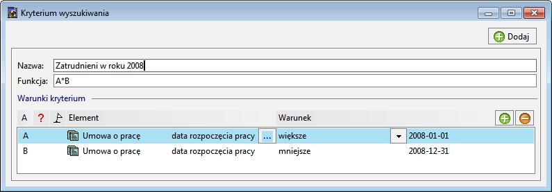 Podręcznik użytkownika Sage Symfonia Kadry i Płace 97 Rys. 115 Okno Kryterium wyszukiwania przykładowa Definicja. Po zapisaniu kryterium wyszukiwania możemy je zastosować przyciskiem Wykonaj.