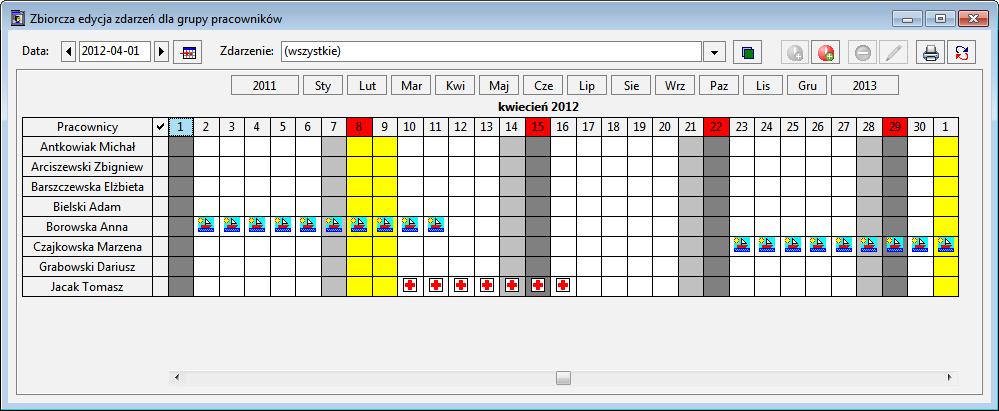 Podręcznik użytkownika Sage Symfonia Kadry i Płace 112 Okno to prezentuje równolegle kalendarze pracowników i umożliwia pracę ze zdarzeniami tak jak to ma miejsce na zakładce pracownika Kalendarz.