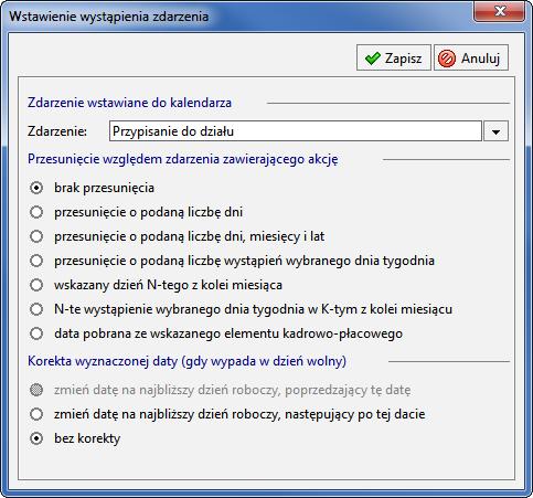 Podręcznik użytkownika Sage Symfonia Kadry i Płace 122 W oknie Definicja akcji wpisujemy nazwę akcji: Przypisanie do działu i wybieramy rodzaj akcji Wstawienie zdarzenia do kalendarza.