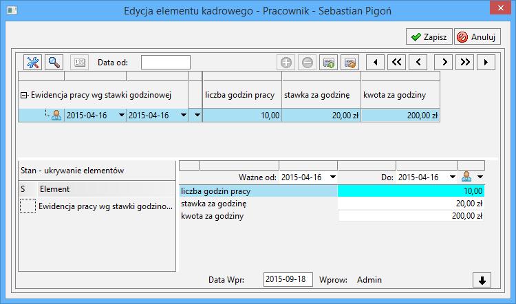 Podręcznik użytkownika Sage Symfonia Kadry i Płace 149 Rys. 188 Okno Edycja elementu kadrowego umowa zlecenie z wynagrodzeniem godzinowym.