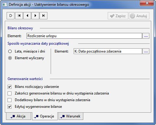 Wartości opisanych atrybutów bilansu są zarządzane przez program całkowicie automatycznie. Uaktywnianie bilansu Rys. 218 Definicja zdarzenia Urlop wypoczynkowy, zakładka Zasoby.