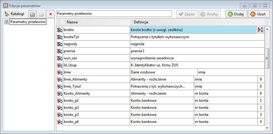 Podręcznik użytkownika Sage Symfonia Kadry i Płace 244 Następnie definiujemy parametry: wyn_zas (wynagrodzenie zasadnicze), premie (premie), nagrody (nagrody) oraz brutto (suma rozbicia, czyli