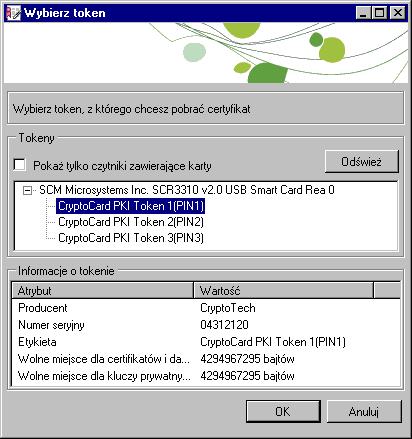 W tym oknie można wybrać token, czyli urządzenie elektroniczne służące do uwierzytelnienia e-deklaracji.