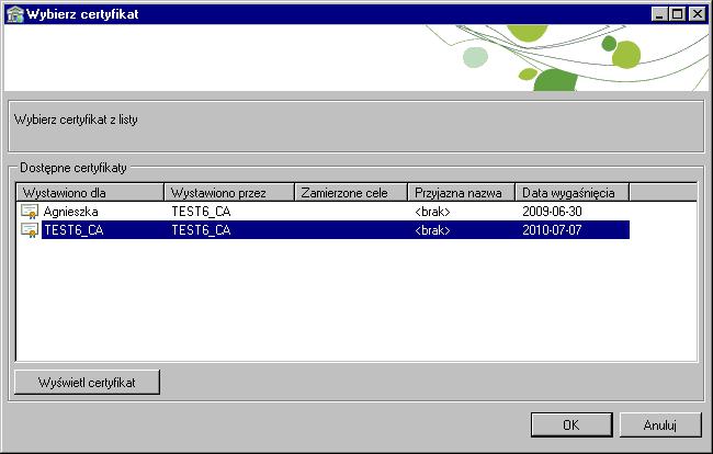 Podręcznik użytkownika Sage Symfonia Kadry i Płace 273 Rys. 349 Okno Wybierz certyfikat. W tokenie może być zapisanych kilka certyfikatów, które zostaną wyświetlone w formie listy.