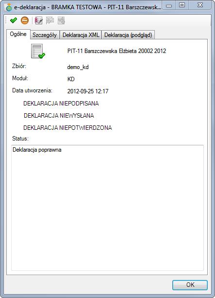 Podręcznik użytkownika Sage Symfonia Kadry i Płace 275 Rys. 352 Okno informacji o e-deklaracji panel Ogólne po wygenerowaniu e-deklaracji.