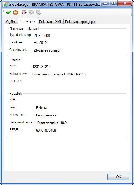 Tu także możemy ustalić, jaki jest obecny st atus e-deklaracji. Rys. 353 Okno informacji o e-deklaracji panel Szczegóły.