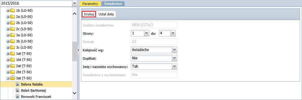 Dla świadectwa ucznia można ustawić indywidualne parametry wydruku. Poczekaj, aż dokument zostanie wygenerowany i pojawi się w panelu Pobieranie przygotowanych plików.