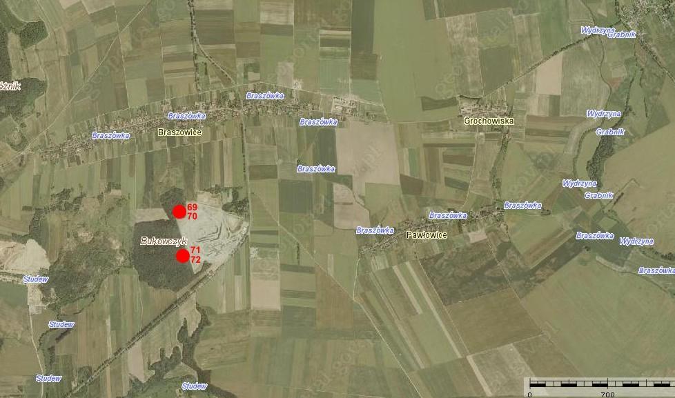 Rys. 2.6. Dokładna lokalizacja dla profili: Profil 69. Braszowice. Lokalizacja: N 50 32 43,8, E 16 47 25,3, 363 m n.p.m. Szczyt wzniesienia. Szata roślinna: las iglasty. Profil 70. Braszowice. Lokalizacja: N 50 32 45,1, E 16 47 22,9, 363 m n.