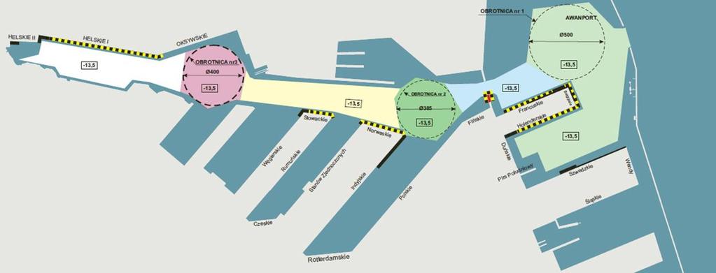 Dostępność Nabrzeża Rumuńskiego w Porcie Gdynia wraz z innymi nabrzeżami głębokowodnymi tor wodny o głębokości - 14,5 m kanał wewnątrzportowy - 13,5