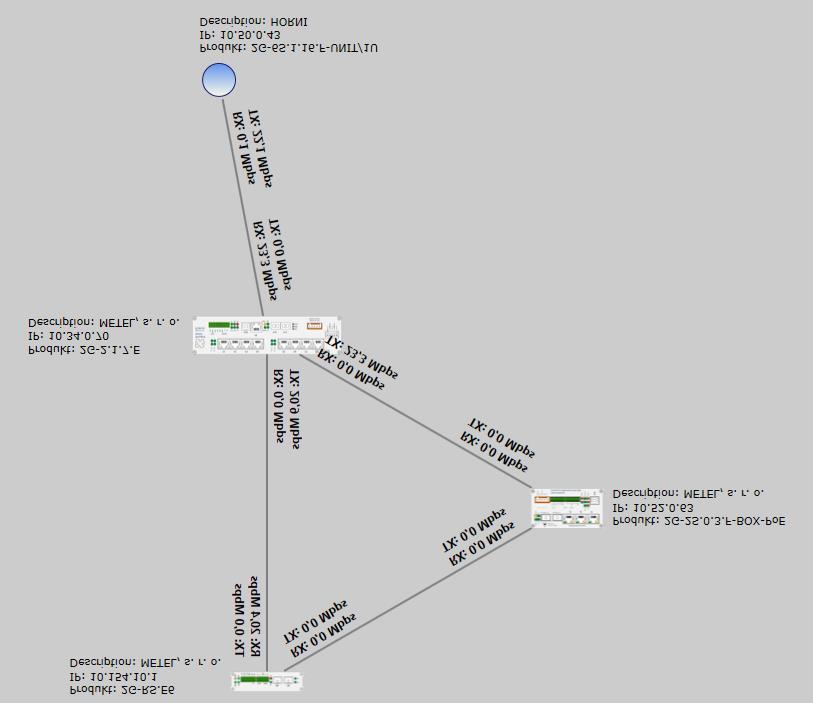 Topologia jest wyświetlana w poziomach SYSTEM, RING/CHAIN, URZĄDZENIE, MS. Wykrywanie połączenia między urządzeniami dokonywane jest przez znormalizowany protokół LDP.