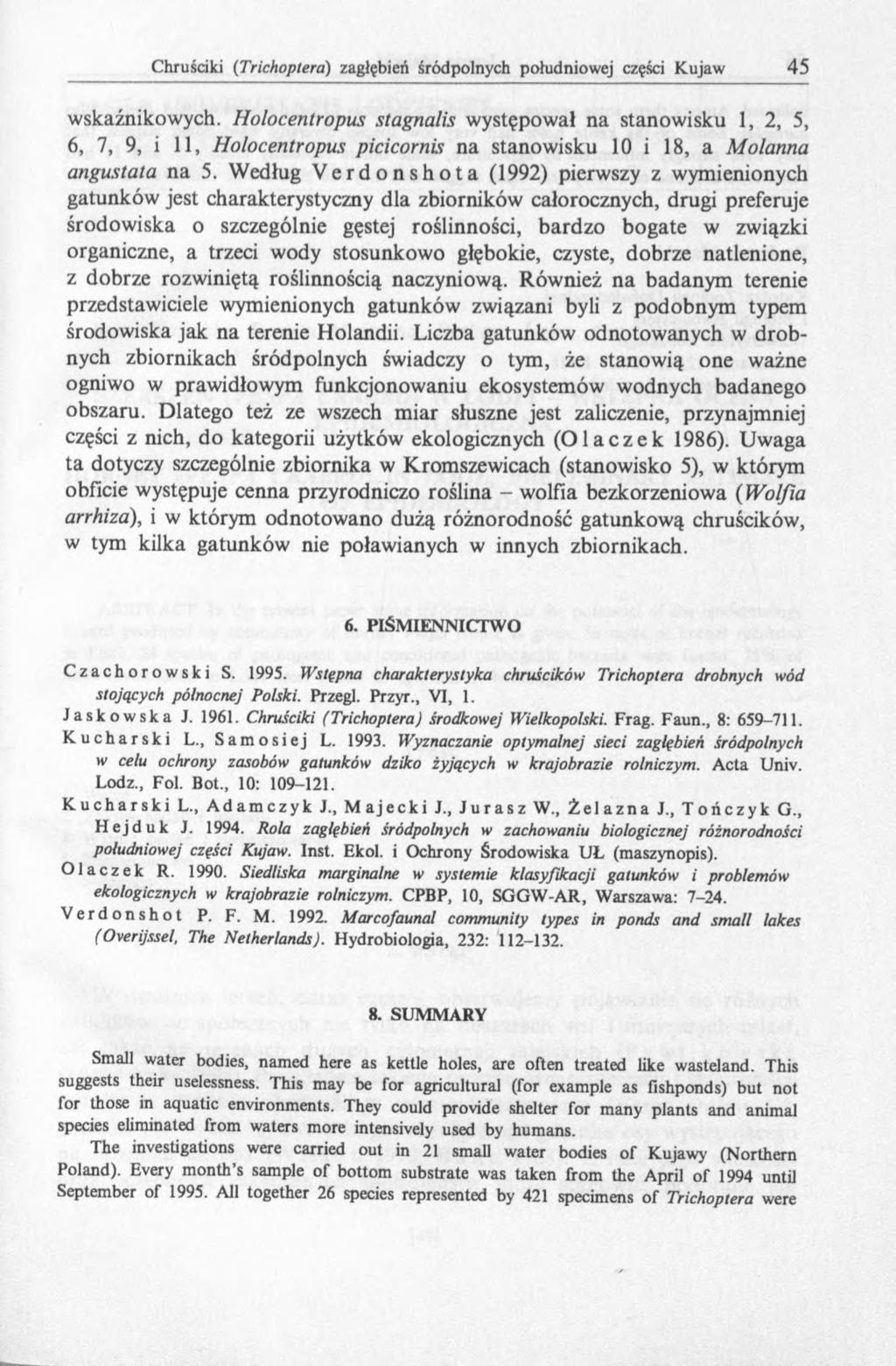 wskaźnikowych. Holocentropus stagnalis występował na stanowisku 1, 2, 5, 6, 7, 9, i 11, Holocentropus picicornh na stanowisku 10 i 18, a Molanna angustata na 5.