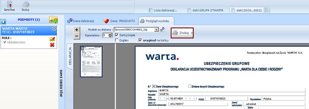 wydruk deklaracji - W celu