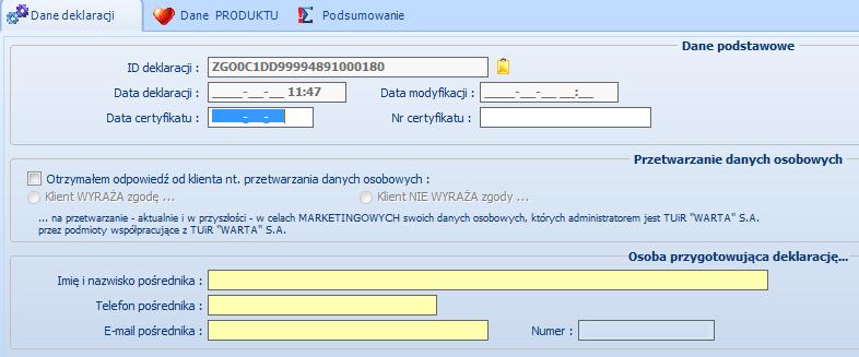 Lista deklaracji/ certyfikatów rejestruj certyfikat W zakładce: Dane deklaracji należy uzupełnić: - dane podstawowe: data certyfikatu (data od kiedy rozpoczęła się ochrona