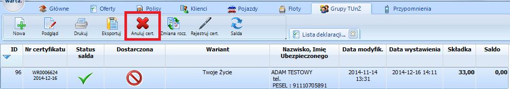 Lista deklaracji/ certyfikatów anulowanie certyfikatu W aplikacji AUW istnieje możliwość anulowania błędnie zarejestrowanego certyfikatu lub błędnie dokonanej zmiany rocznicowej.