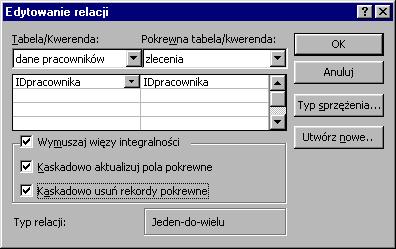 1. Zaznaczając Wymuszaj więzy integralności uaktywniamy pola poniżej chmurka 2 i 3 2. Kaskadowo aktualizuj pola pokrewne 3. Kaskadowo usuń rekordy pokrewne Rysunek 15. Wymuszanie więzów integralności.